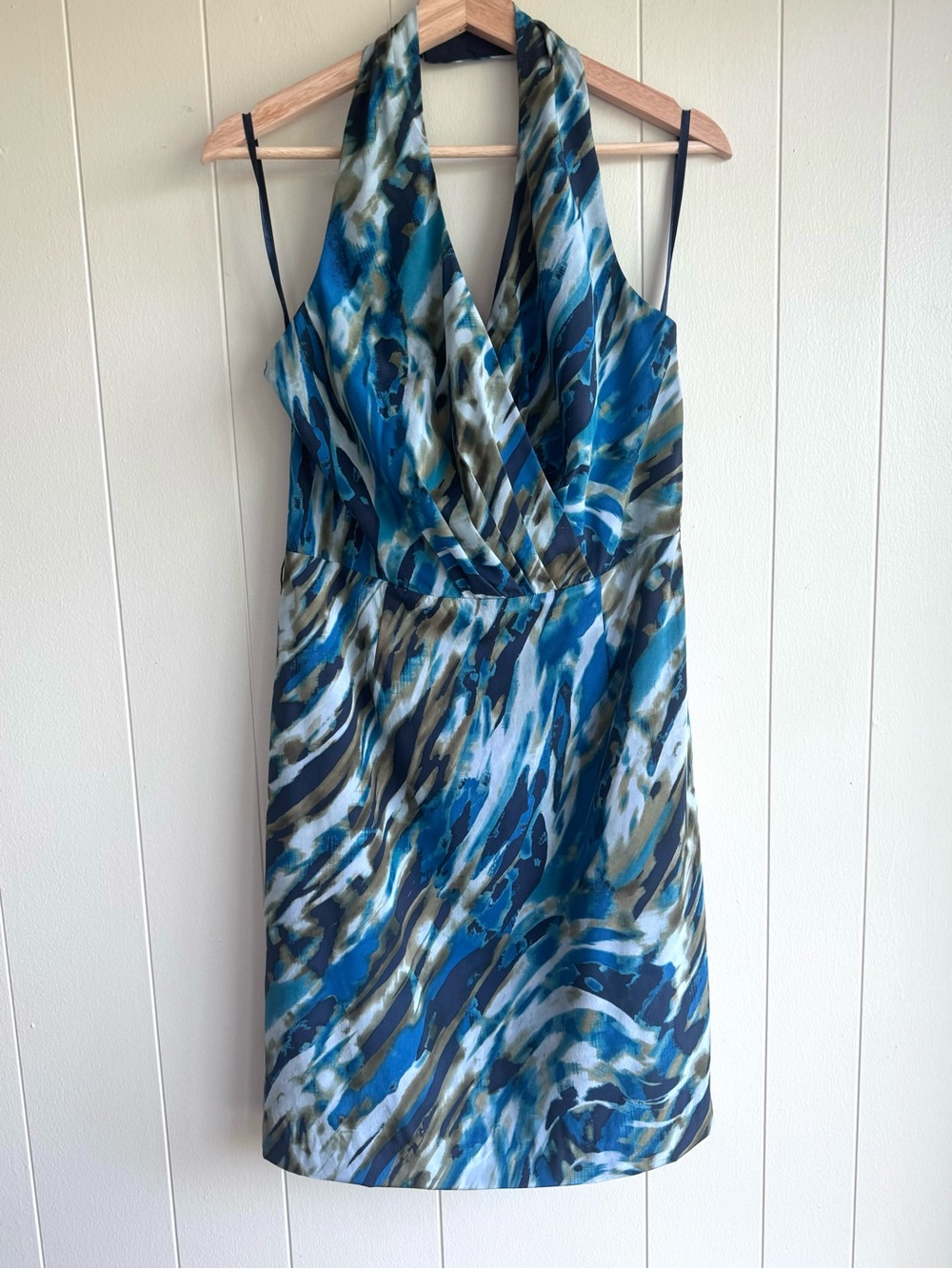 Ann Taylor Petite Silk Halter Dress 8P Blue Abstract Print Sheath NWT